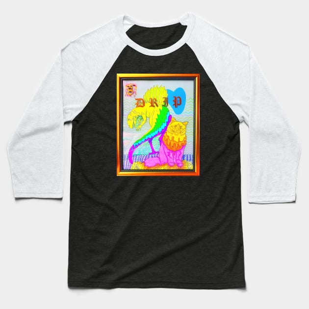 Rainbow Dinosaur Cat Coloring Book Collage Framed Art Drip Y2K Design Baseball T-Shirt by TriangleWorship